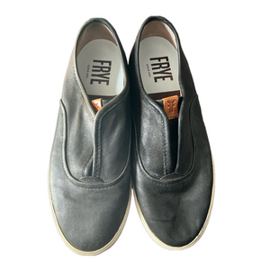 Frye black leather slip ons
